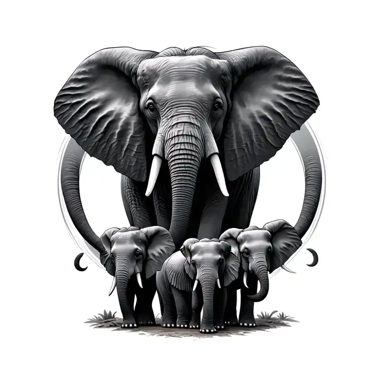 elephant family in circular shape with 5 elephants  tattoo design idea