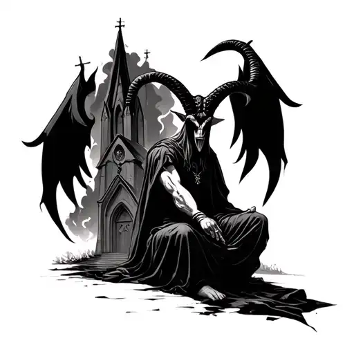 baphomet sitting front of the burning church tattoo design idea
