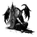 baphomet sitting front of the burning church tattoo design idea