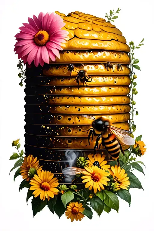 beehive bees flowers comb smoker tattoo design idea