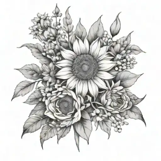 fine line wild flowers bouquet tied with lavendar, sunflower, and daisy tattoo design idea