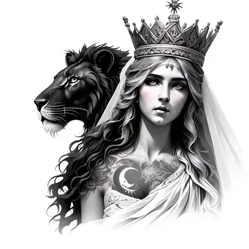 black & grey realism greek goddess leto with light color hair, wearing crown with veil, a lion and moon tattoo design idea