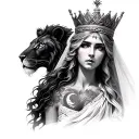 black & grey realism greek goddess leto with light color hair, wearing crown with veil, a lion and moon tattoo design idea