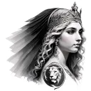 black & grey realism greek goddess leto with light color hair, wearing crown with veil, a lion and moon tattoo design idea