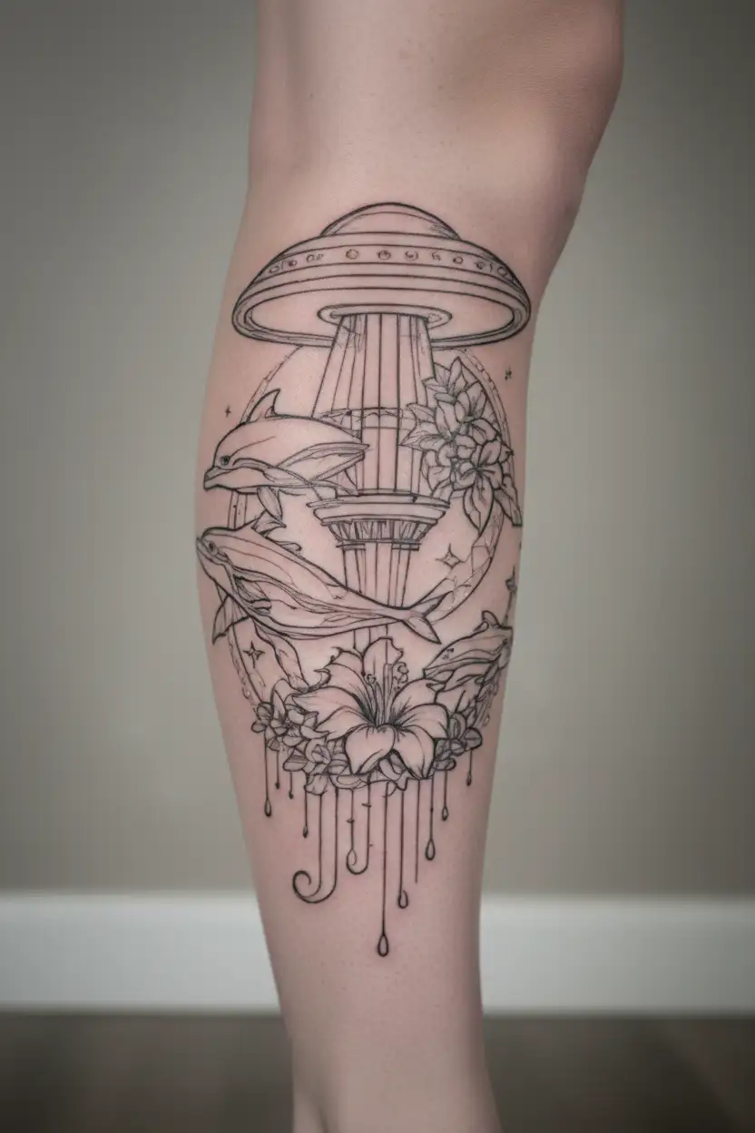 UFO ornamented with hibiscus flower and dolphins tattoo design idea