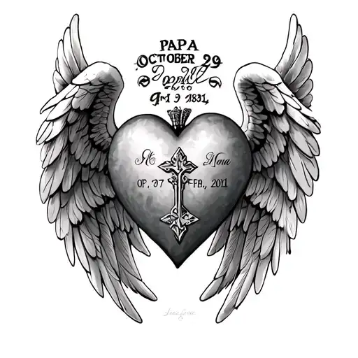 heart with angel wings and words papa October 29, 1930 - April 5, 2021 Mema Oct 27, 1934 - Feb 18, 2018 with cross tattoo design idea