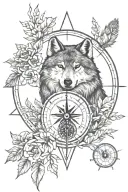 wolf, woods, owl, nautical compass rose blooming tattoo design idea