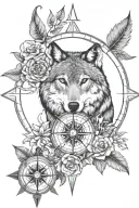 wolf, woods, owl, nautical compass rose blooming tattoo design idea