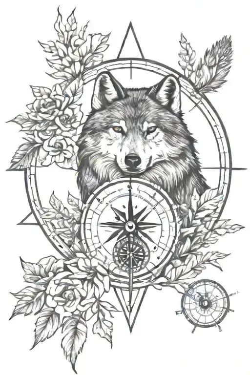 wolf, woods, owl, nautical compass rose blooming tattoo design idea