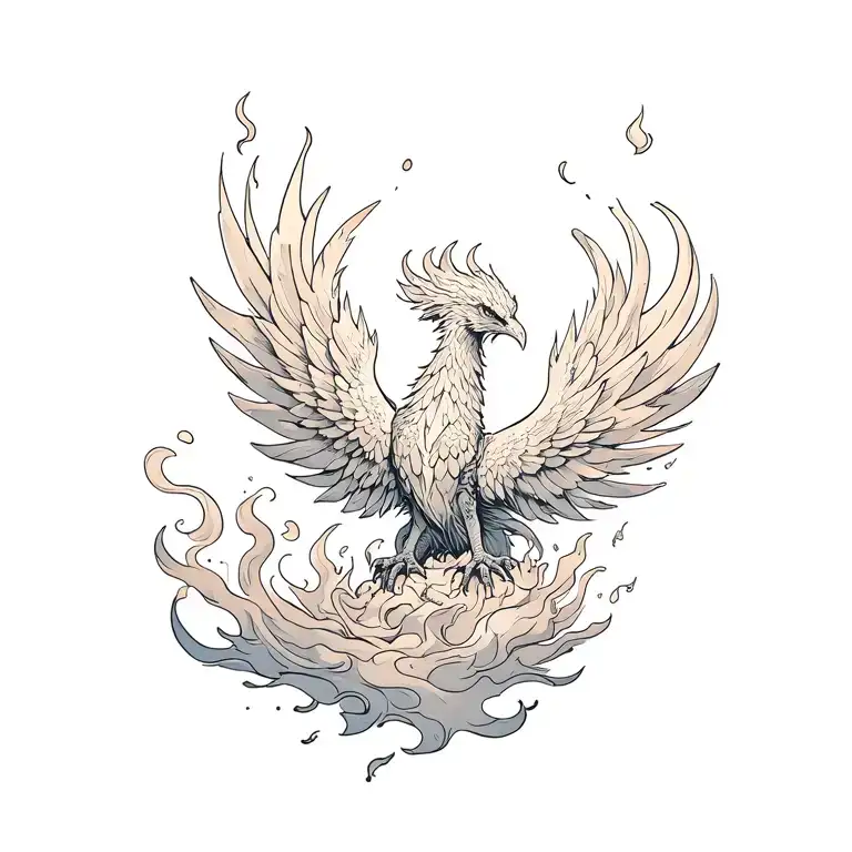 Phoenix rising from the ashes with fire swirling smoke tattoo design idea