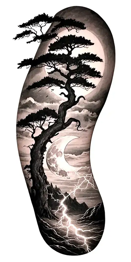 viking rume and moon and tree and lightning bolt tattoo design idea