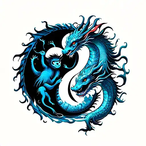A minimalistic Chinese tattoo design of a water monkey and an earth dragon forming a loose yin-yang shape  tattoo design idea