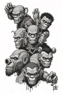 3 wise monkeys in deadpool trash mode, killer cut image in the movie la haine, 7 circles of hell by Dante, ACA tattoo design idea