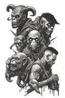 3 wise monkeys in deadpool trash mode, killer cut image in the movie la haine, 7 circles of hell by Dante, ACA tattoo design idea