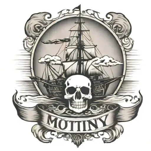 Container ship with a crane behind with a skull and the text Mutiny  tattoo design idea
