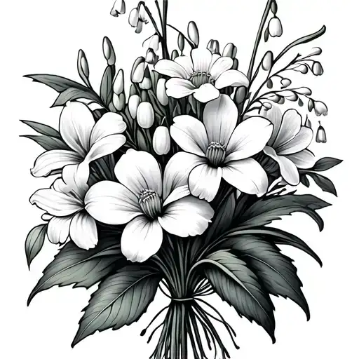 Lily of the valley bouquet with marigolds, cosmos, holly and narcissus tattoo design idea
