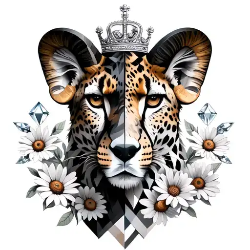 part realism part geometric tattoo. Real ram half face morphing into geometric cheetah. daisies, diamonds, crown. tattoo design idea