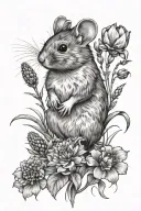 Field mouse standing on hind legs, named Milan, surrounded by field flowers, grasses and corn tattoo design idea
