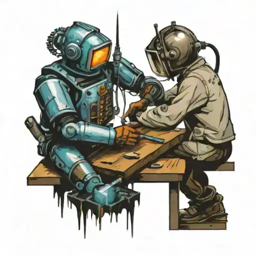 welder and robot weld in vertical crack tattoo design idea