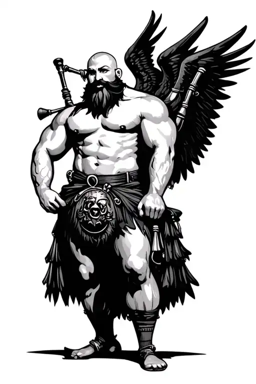 shirtless muscular bagpiper bald black beard with huge black wings playing bagpipes in arm tattoo design idea