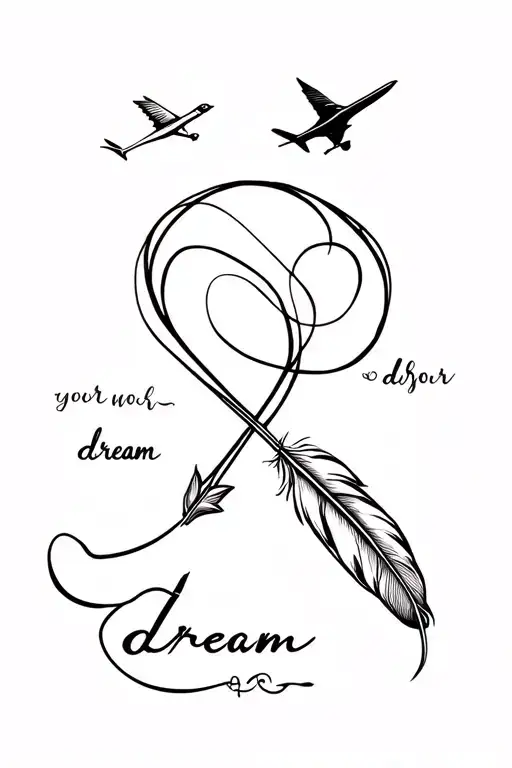 infinity sign with an arrow through it, word dream, also a long feather, birds and an airplane - one tattoo tattoo design idea