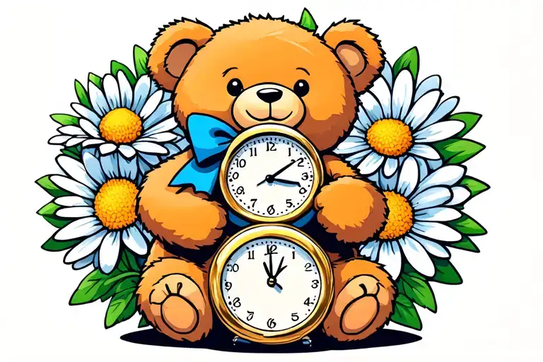 teddy bear with blue bow around its neck, holding a clock. aster flower behind it. tattoo design idea
