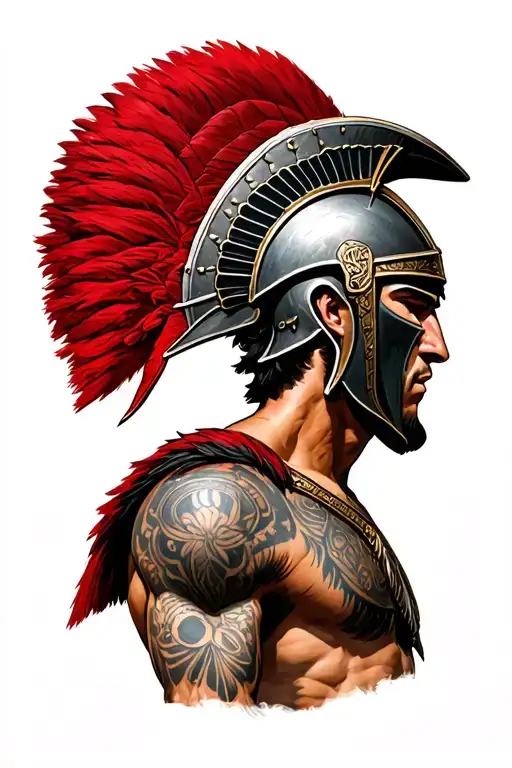 A full body Spartan warrior shown in side profile , wearing a detailed Corinthian helmet with a large red plume tattoo design idea