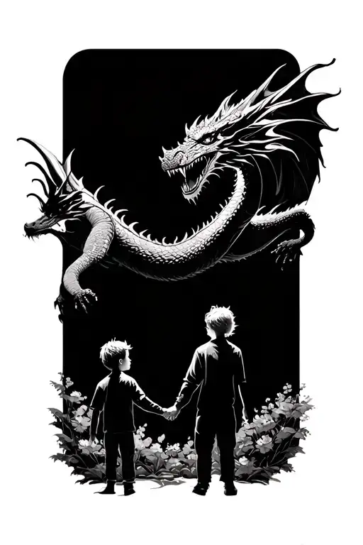 father and son holding hands with a dragon flying above them  tattoo design idea