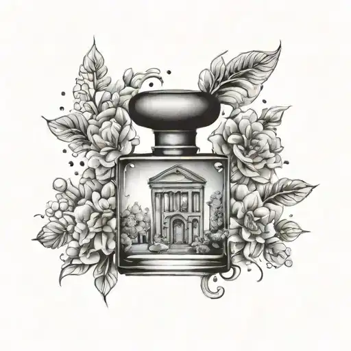 A unique tattoo design of a perfume bottle shaped like a real estate building, combining your passion for perfumes and real estate investing tattoo design idea