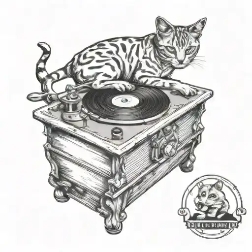 An old-fashioned record player with a cat sitting on top, combining the client's love for music and cats tattoo design idea
