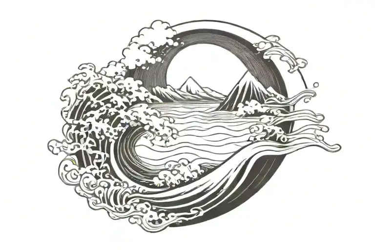 A minimalist tattoo of a wave crashing on the shore with a mountain range in the background and a musical staff flowing through the scene tattoo design idea