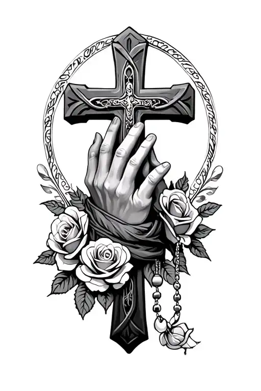 Crosses with praying hands with the rosary wrapped with small roses tattoo design idea