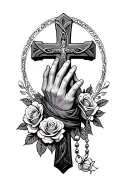 Crosses with praying hands with the rosary wrapped with small roses tattoo design idea