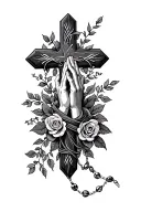 Crosses with praying hands with the rosary wrapped with small roses tattoo design idea
