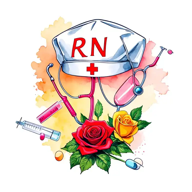 A white nurse hat with the letters RN in red, pink stethoscope, syringe, a red rose, yellow rose, pills, watercolor back tattoo design idea