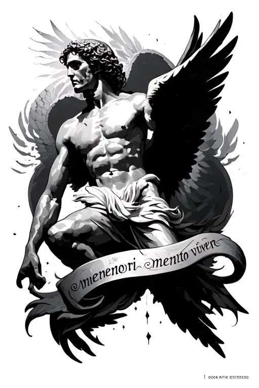 Greek mythology Icarus tattoo with the phrases “memento mori” and “memento vivere” tattoo design idea