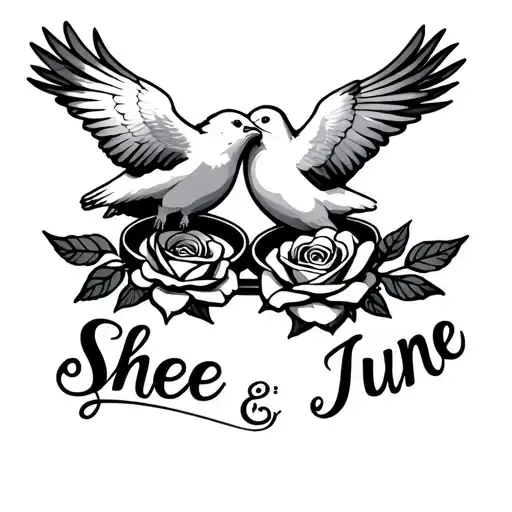 Doves holding two wedding rings eith roses with the name shee and June  tattoo design idea