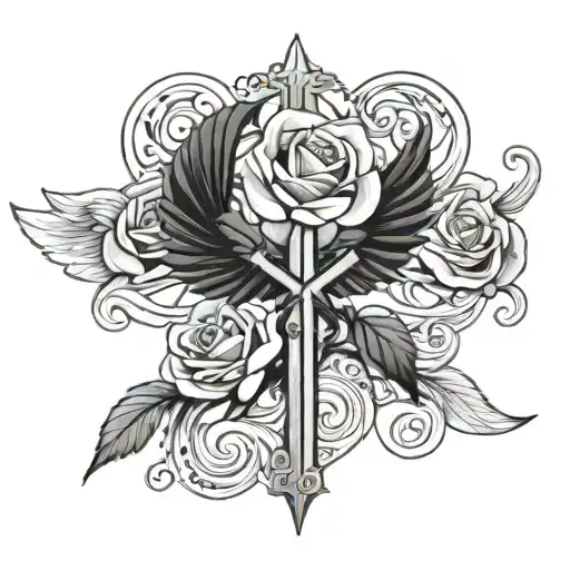 cross with wings roses intertwined tattoo design idea