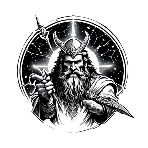 constellation as background and notse god Odin in front but make it so he's commanding for battle tattoo design idea