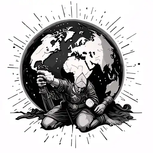 crusader kneeling giving world map inside tattoo design idea