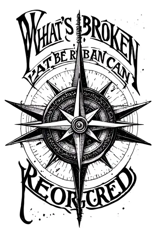 "What's broken can be reforged" reforged broken compass tattoo design idea