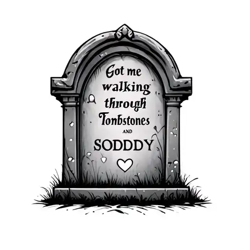 Realistic tombstone with the words “Got me walking through Tombstones”And beneath “SODDY” with a love heart tattoo design idea