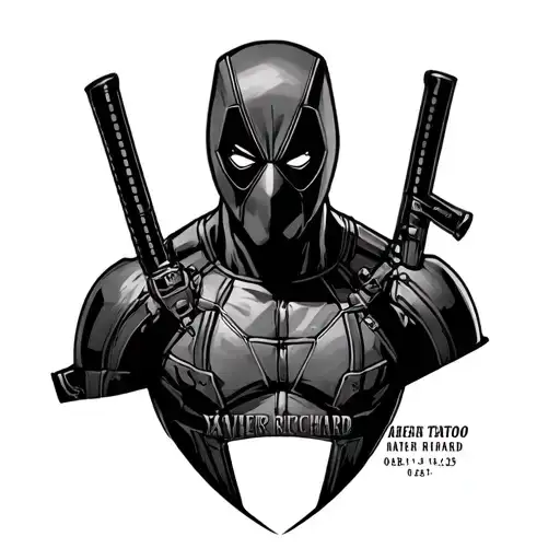 deadpool memorial tattoo with name incorporated Xavier Richard Hayes 08.24.19-01.14.25 tattoo design idea