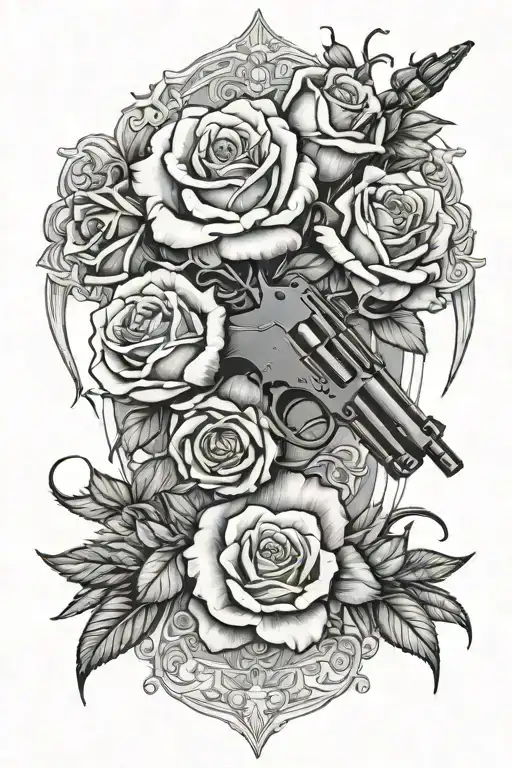 knock knock on heavens door with roses and guns for my father tattoo design idea