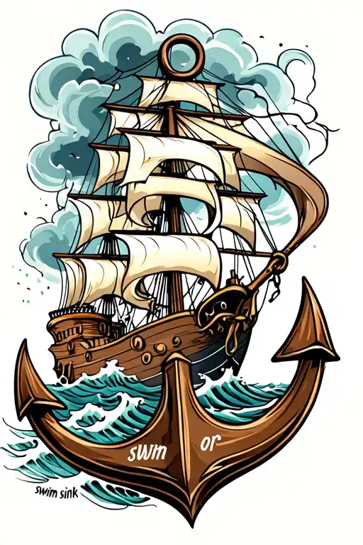 neotraditional ship with waves and storm and a pergamine rounded a anchor with words "swim or sink" tattoo design idea