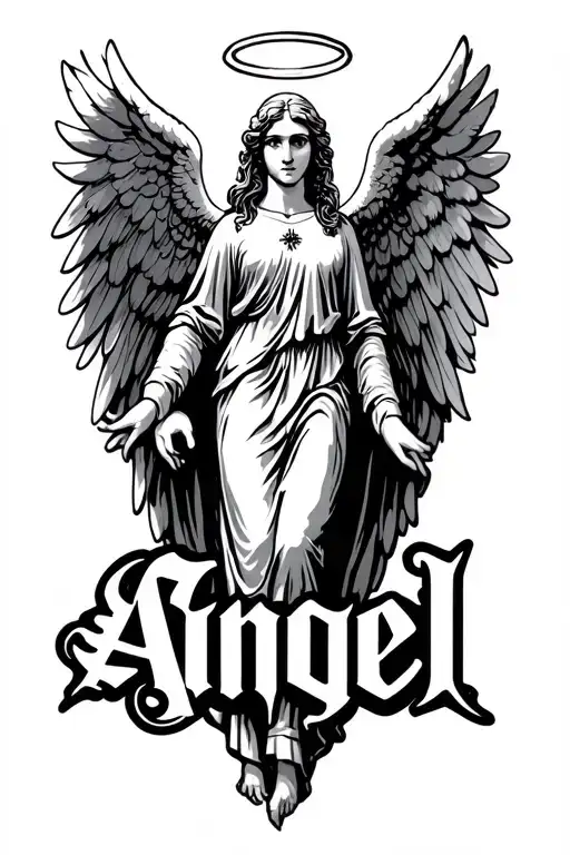 Angel in a fancy font with angel wings on both sides and a halo over the A tattoo design idea