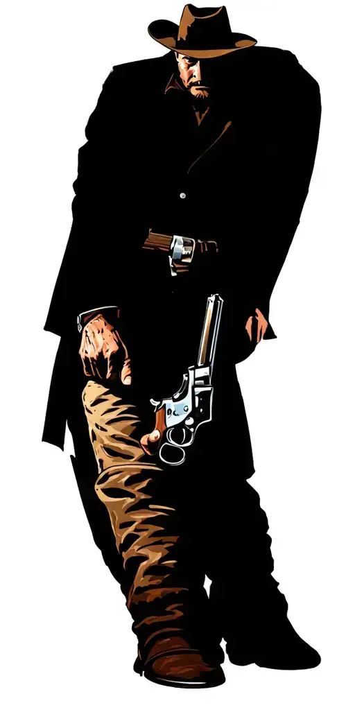 cowboy stand off, revolvers dessert landscape cross western morals tattoo design idea