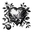  2 cherry heart shape disco balls wih a bow tied round the vines  tattoo design idea