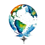 earth globe, a star 3D compass with N, S, E, W, Latitude 39.103118°N, Longitude 84.512020°W, and my birthdate 8/16/1961 tattoo design idea