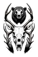 bear skull above deer skull with antlers reaching up on each side of bear skull. outline only with minimal detail tattoo design idea